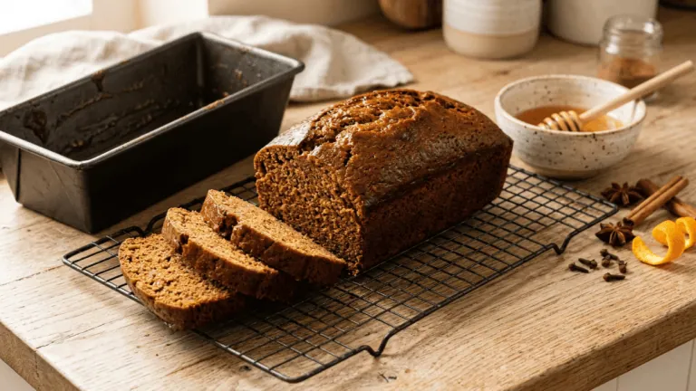 Pain d’épices maison au miel démoulé sur une grille, tranches de mie dense, miel, anis étoilé, cannelle et zeste d’orange