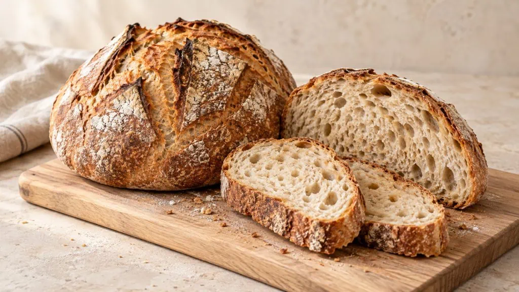 Miche de pain de campagne entière et tranchée montrant sa croûte et sa mie alvéolée
