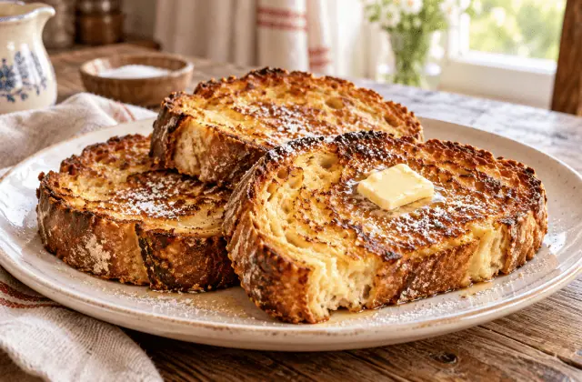 Pain perdu français au pain rustique, doré au beurre et légèrement sucré