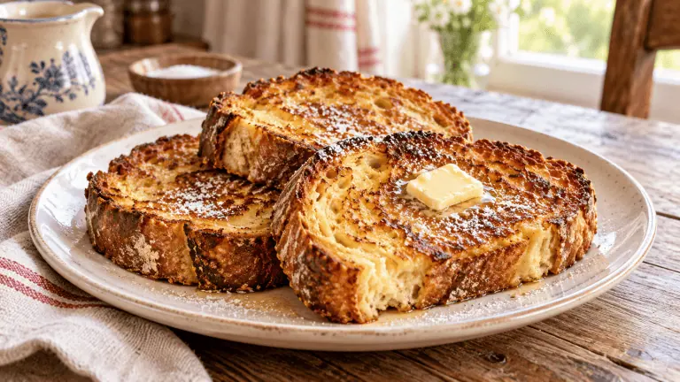 Pain perdu français au pain rustique, doré au beurre et légèrement sucré