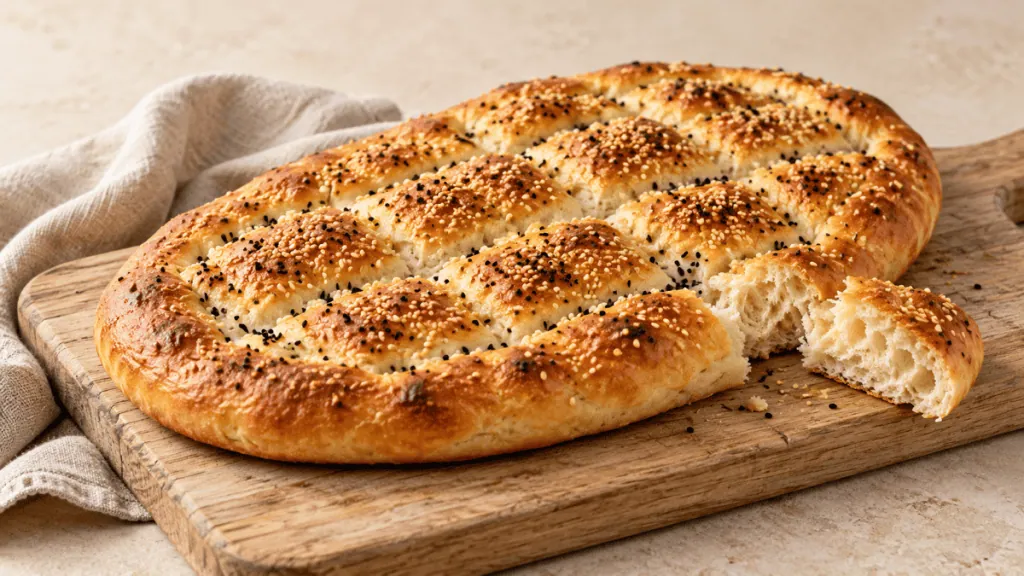 Pain pide turc doré au sésame et à la nigelle sur une planche