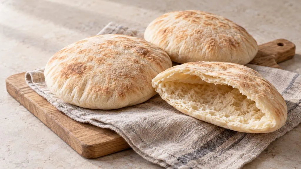 Pains pita ronds avec une pita ouverte montrant sa poche intérieure