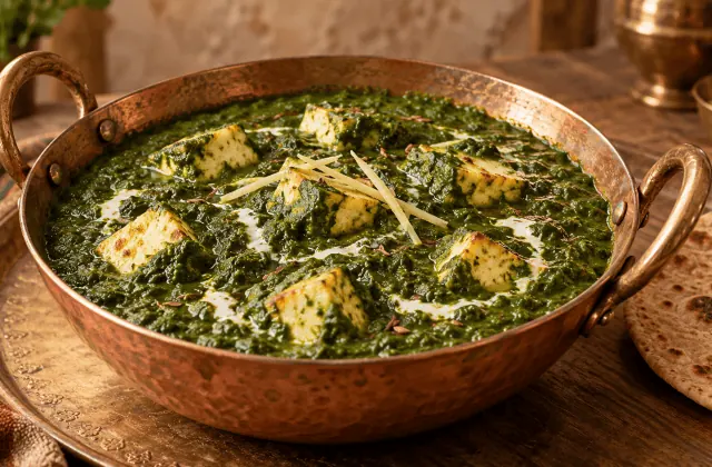 Palak paneer, curry d’épinards avec cubes de fromage frais indien