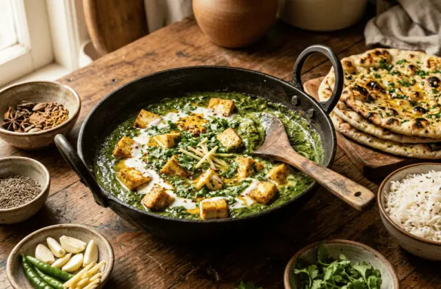Palak paneer maison dans une kadai : curry d’épinards vert, cubes de paneer dorés, filet de crème, naans et riz basmati