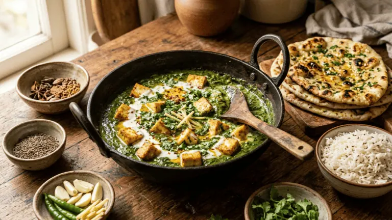 Palak paneer maison dans une kadai : curry d’épinards vert, cubes de paneer dorés, filet de crème, naans et riz basmati