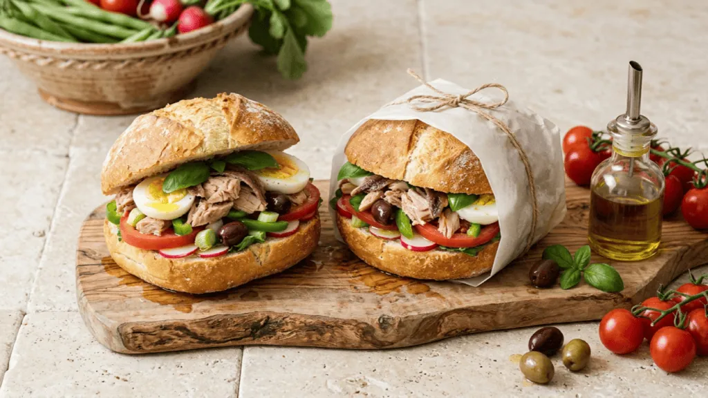 Pan bagnat niçois garni de thon, œuf dur, tomate, radis, poivron, olives et basilic, l’un emballé dans du papier