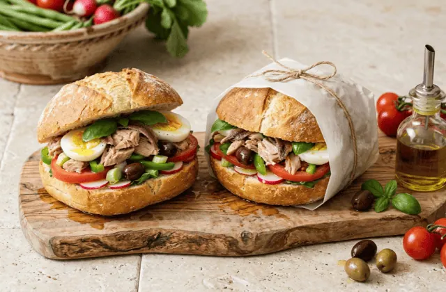Pan bagnat niçois garni de thon, œuf dur, tomate, radis, poivron, olives et basilic, l’un emballé dans du papier