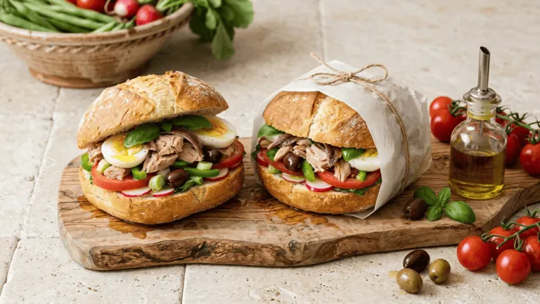 Pan bagnat niçois garni de thon, œuf dur, tomate, radis, poivron, olives et basilic, l’un emballé dans du papier