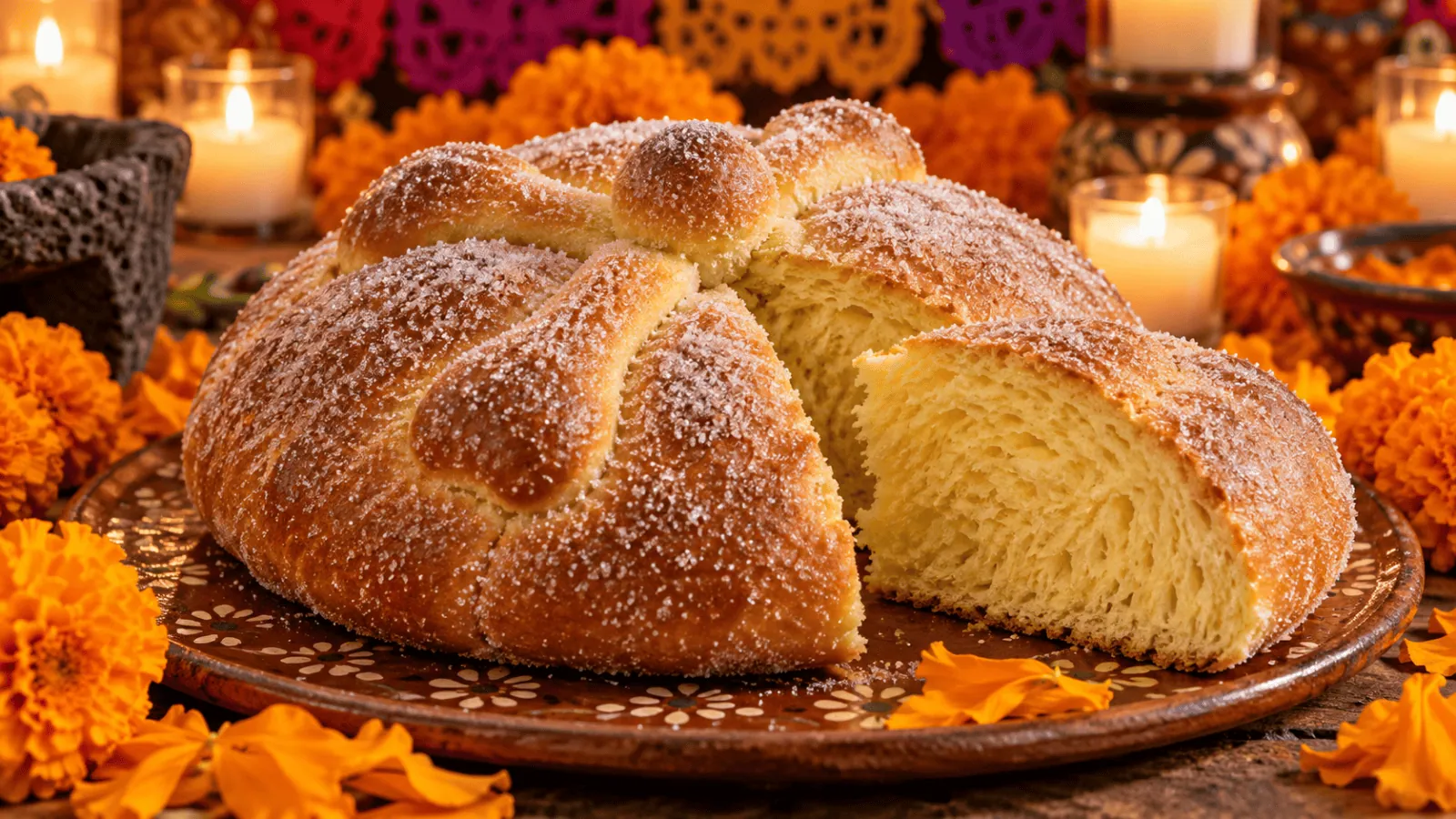 Pan de muerto mexicain au sucre avec ses os en pâte et une part montrant la mie
