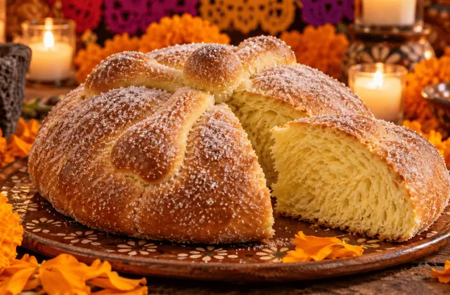 Pan de muerto mexicain au sucre avec ses os en pâte et une part montrant la mie