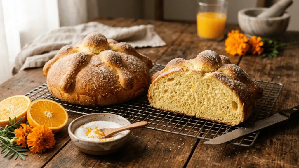Pan de muerto mexicain à la fleur d’oranger sur une grille, os en pâte et sucre, une brioche coupée, oranges et fleurs de cempasúchil
