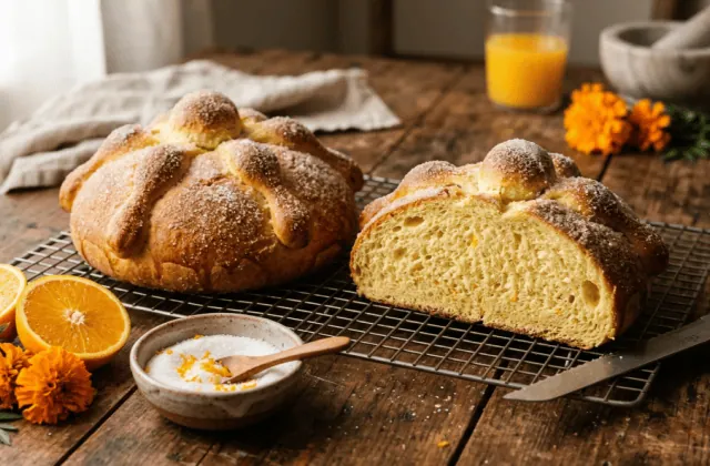 Pan de muerto mexicain à la fleur d’oranger sur une grille, os en pâte et sucre, une brioche coupée, oranges et fleurs de cempasúchil
