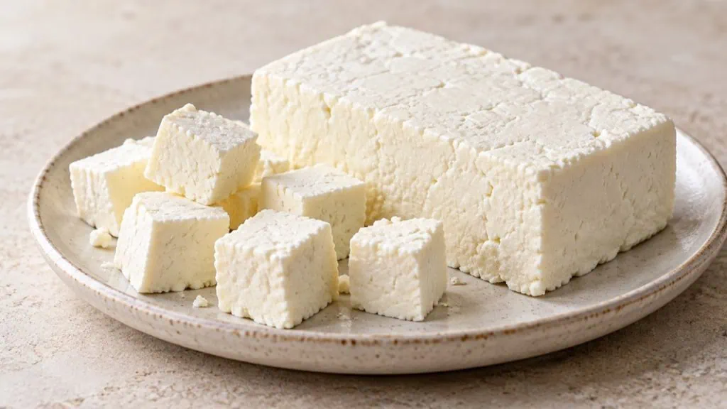 Bloc et cubes de paneer indien frais sur une assiette