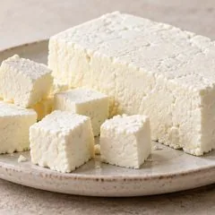 Bloc et cubes de paneer indien frais sur une assiette