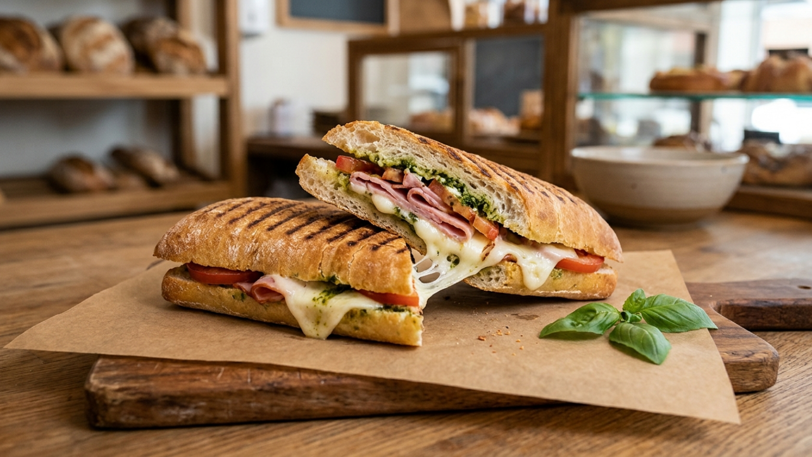Panini grillé coupé en deux : ciabatta rayée par le grill, jambon, mozzarella fondue, tomate et pesto