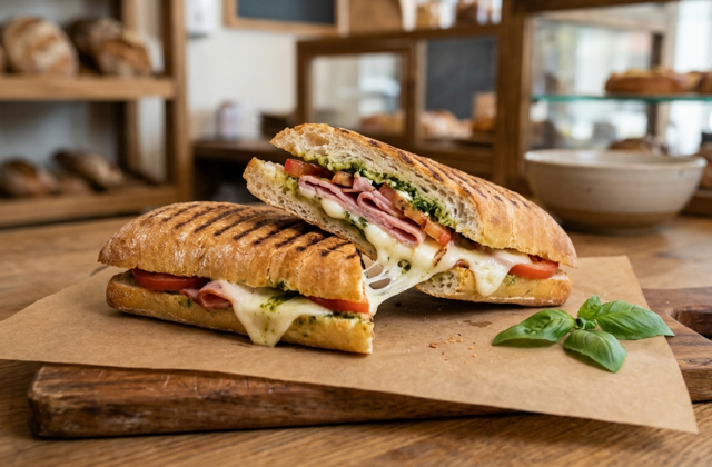Panini grillé coupé en deux : ciabatta rayée par le grill, jambon, mozzarella fondue, tomate et pesto
