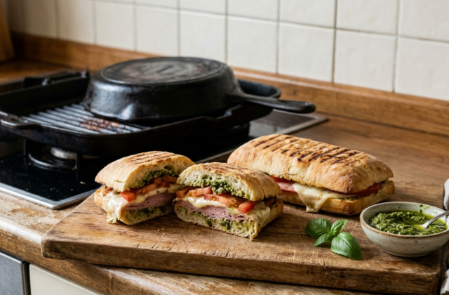 Panini maison grillés à la poêle-gril, coupés sur la planche, pesto et basilic