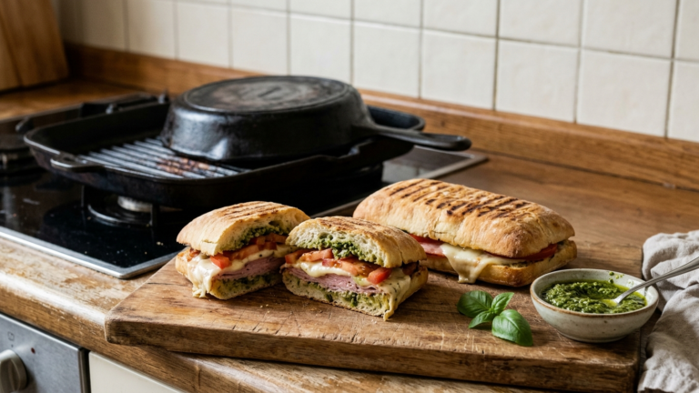 Panini maison grillés à la poêle-gril, coupés sur la planche, pesto et basilic
