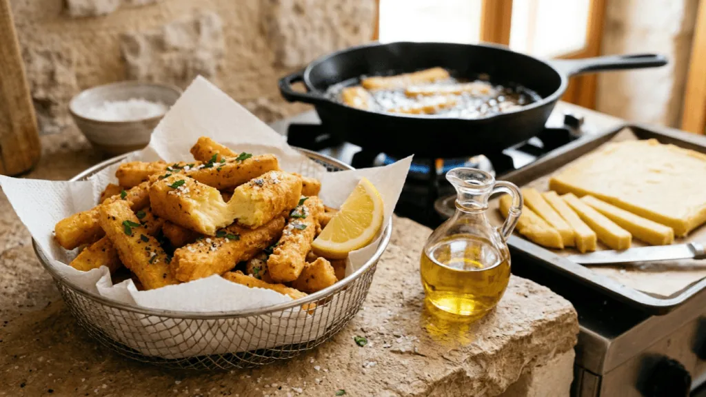 Panisses frites à la marseillaise dans un panier, fleur de sel et citron, pâte de pois chiches découpée en bâtonnets