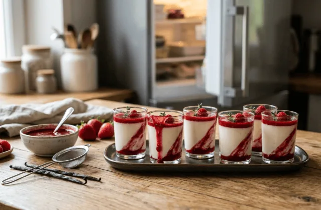 Six verrines de panna cotta maison au coulis de fruits rouges sur un plateau, coulis, vanille et framboises à côté