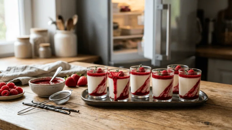 Six verrines de panna cotta maison au coulis de fruits rouges sur un plateau, coulis, vanille et framboises à côté