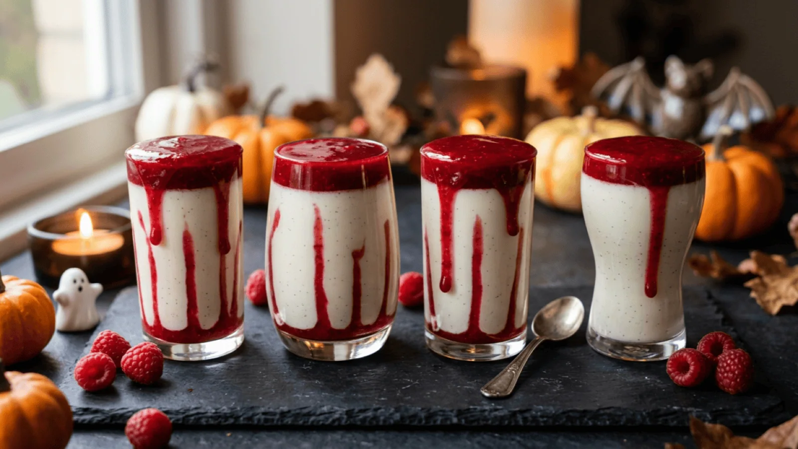 Verrines de panna cotta à la vanille zébrées de coulis de fruits rouges qui coule sur les parois, framboises, citrouilles et bougie d’Halloween