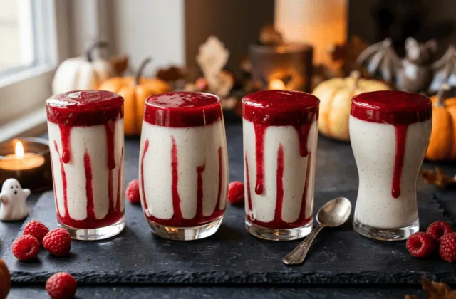 Verrines de panna cotta à la vanille zébrées de coulis de fruits rouges qui coule sur les parois, framboises, citrouilles et bougie d’Halloween