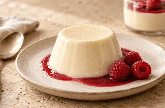 Panna cotta italienne à la vanille avec coulis de framboise