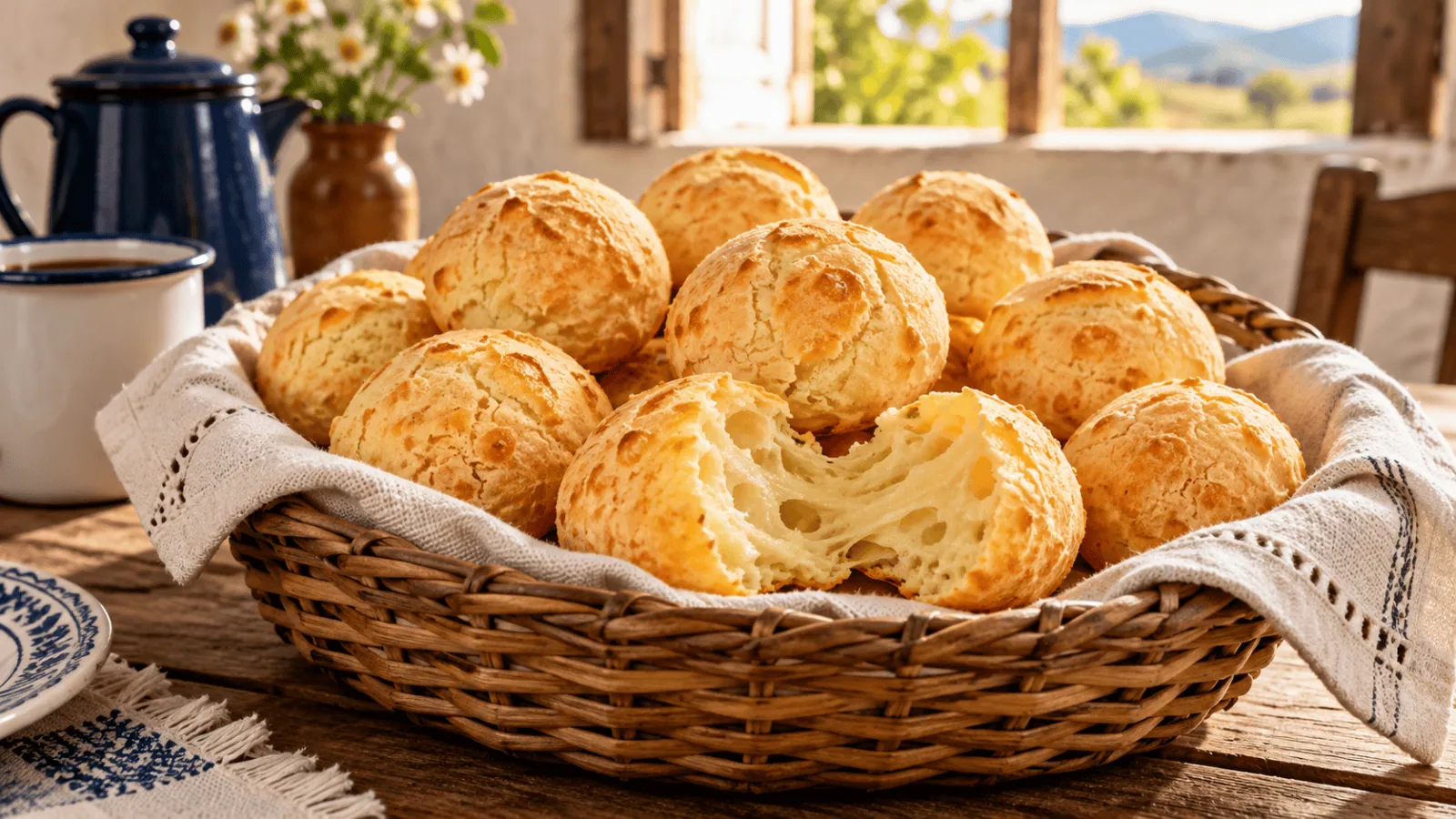 Pão de queijo brésiliens dorés, dont un ouvert sur sa mie élastique