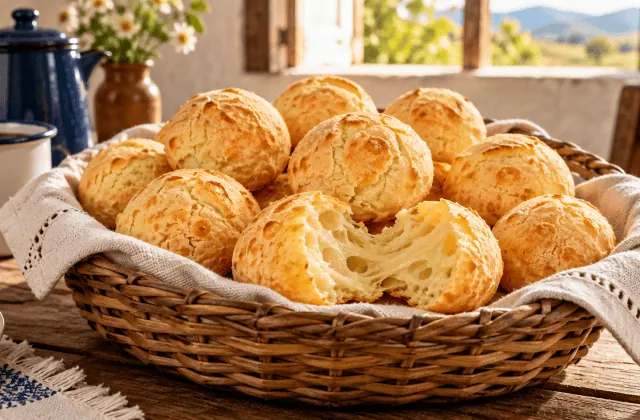 Pão de queijo brésiliens dorés, dont un ouvert sur sa mie élastique