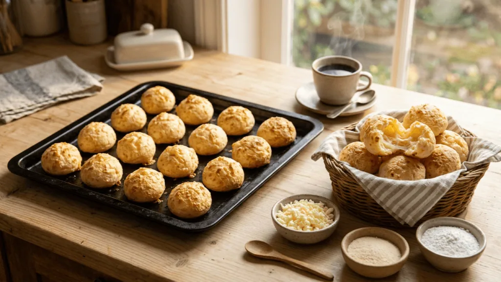 Pão de queijo mineiro sortis du four sur une plaque et dans une corbeille, l’un ouvert sur sa mie filante au fromage