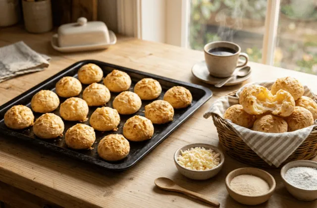 Pão de queijo mineiro sortis du four sur une plaque et dans une corbeille, l’un ouvert sur sa mie filante au fromage