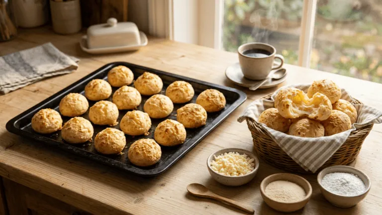 Pão de queijo mineiro sortis du four sur une plaque et dans une corbeille, l’un ouvert sur sa mie filante au fromage