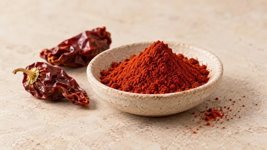 Paprika fumé rouge brique dans une coupelle en grès