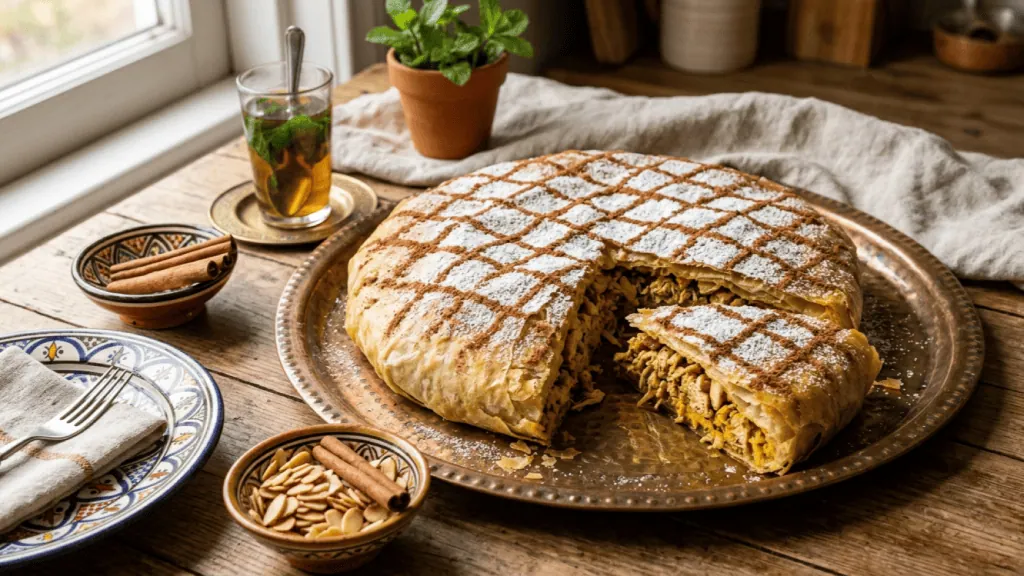 Pastilla au poulet et aux amandes sortie du four, sucre glace et cannelle en croisillons, part coupée montrant la farce, thé à la menthe