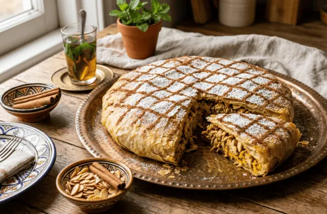 Pastilla au poulet et aux amandes sortie du four, sucre glace et cannelle en croisillons, part coupée montrant la farce, thé à la menthe
