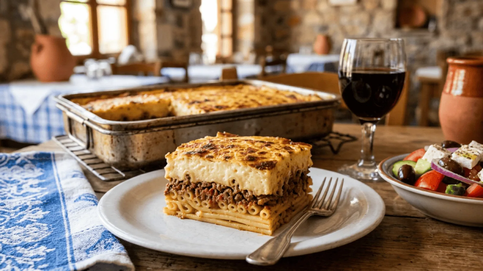 Part de pastitsio grec montrant ses trois couches : macaronis liés au fromage, viande hachée à la tomate et à la cannelle, béchamel épaisse gratinée, plat entamé et salade grecque