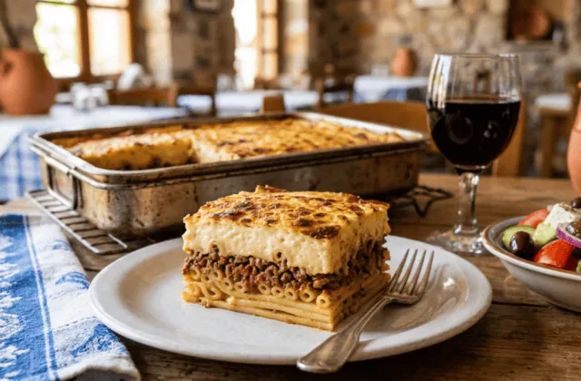 Part de pastitsio grec montrant ses trois couches : macaronis liés au fromage, viande hachée à la tomate et à la cannelle, béchamel épaisse gratinée, plat entamé et salade grecque