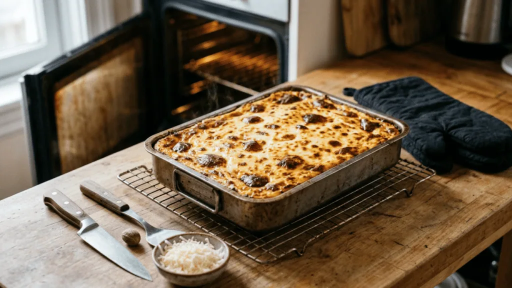 Pastitsio maison à la sortie du four, béchamel gonflée et dorée dans son plat sur une grille, couteau, spatule et kefalotyri râpé