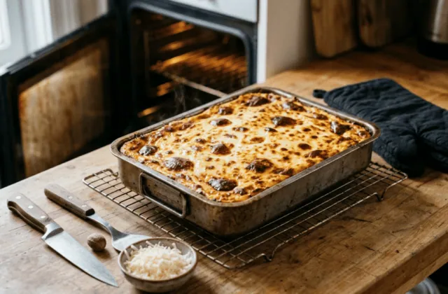 Pastitsio maison à la sortie du four, béchamel gonflée et dorée dans son plat sur une grille, couteau, spatule et kefalotyri râpé