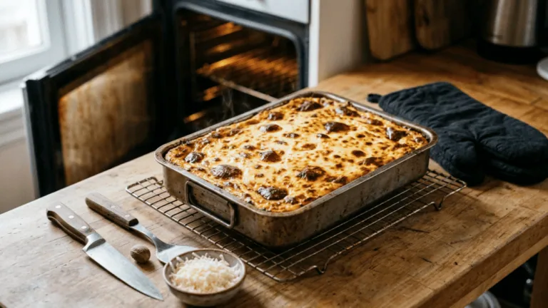 Pastitsio maison à la sortie du four, béchamel gonflée et dorée dans son plat sur une grille, couteau, spatule et kefalotyri râpé