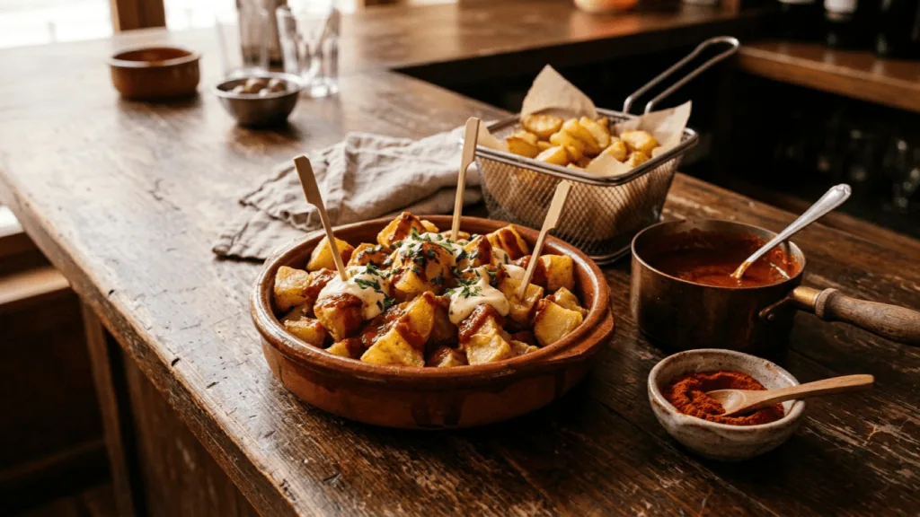 Patatas bravas maison dans une cassole, sauce brava fumée et aïoli, casserole de sauce et panier de friture