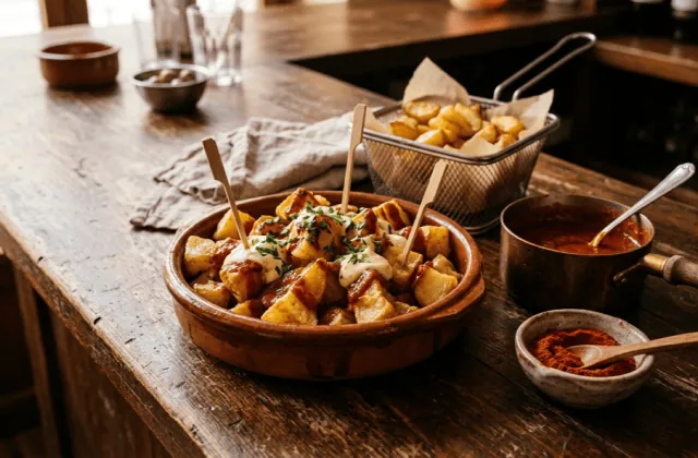 Patatas bravas maison dans une cassole, sauce brava fumée et aïoli, casserole de sauce et panier de friture