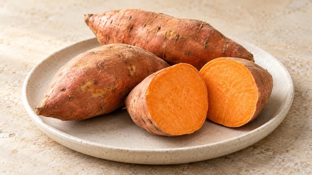 Patates douces entières et coupées montrant leur chair orange