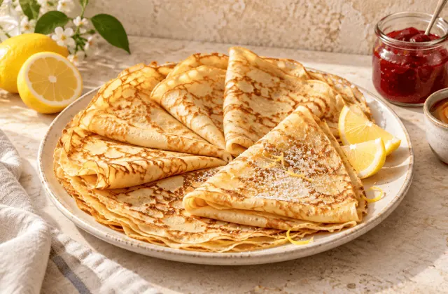 Crêpes françaises fines accompagnées de citron, confiture et caramel