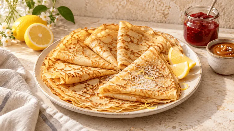 Crêpes françaises fines accompagnées de citron, confiture et caramel
