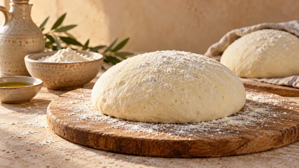Boule de pâte à pizza fraîche farinée