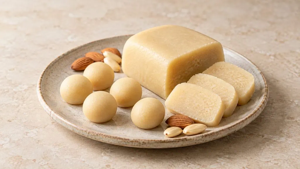 Bloc, tranches et boules de pâte d’amande naturelle