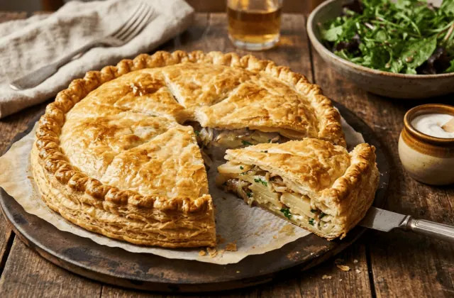 Pâté de pommes de terre limousin feuilleté et doré, part coupée montrant les pommes de terre à la crème, salade verte