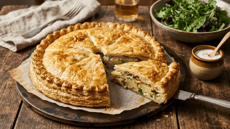 Pâté de pommes de terre limousin feuilleté et doré, part coupée montrant les pommes de terre à la crème, salade verte